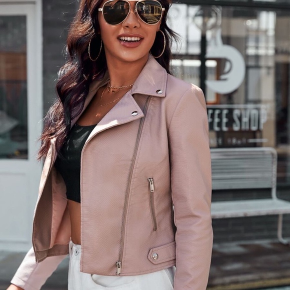 blush biker moto leather zipper motorcycle jacket - Picture 5 of 5